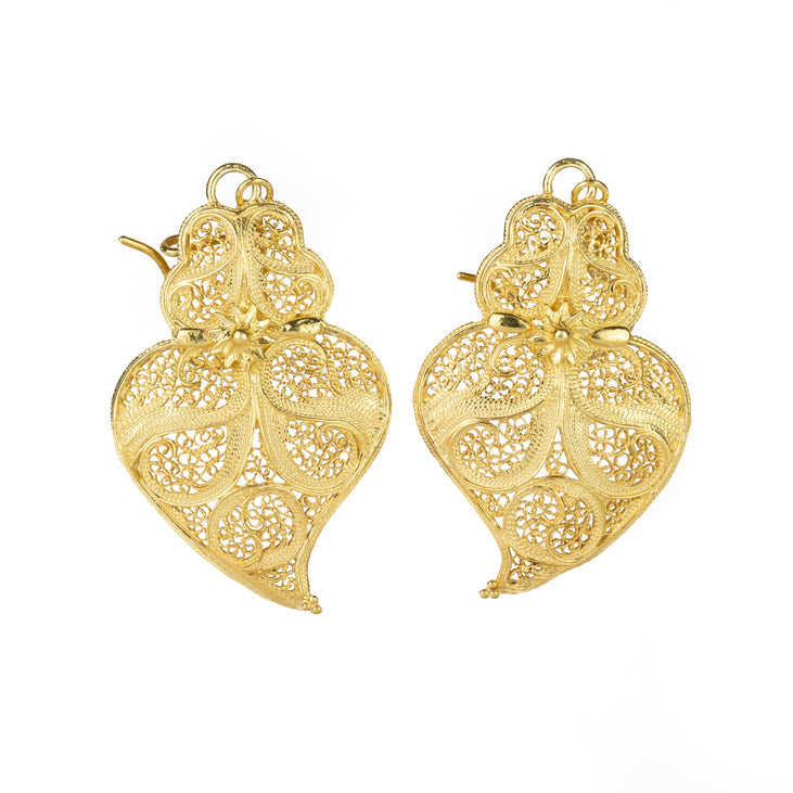 Golden silver filigree Heart of Viana Earrings with rose 47mm (1.8in)