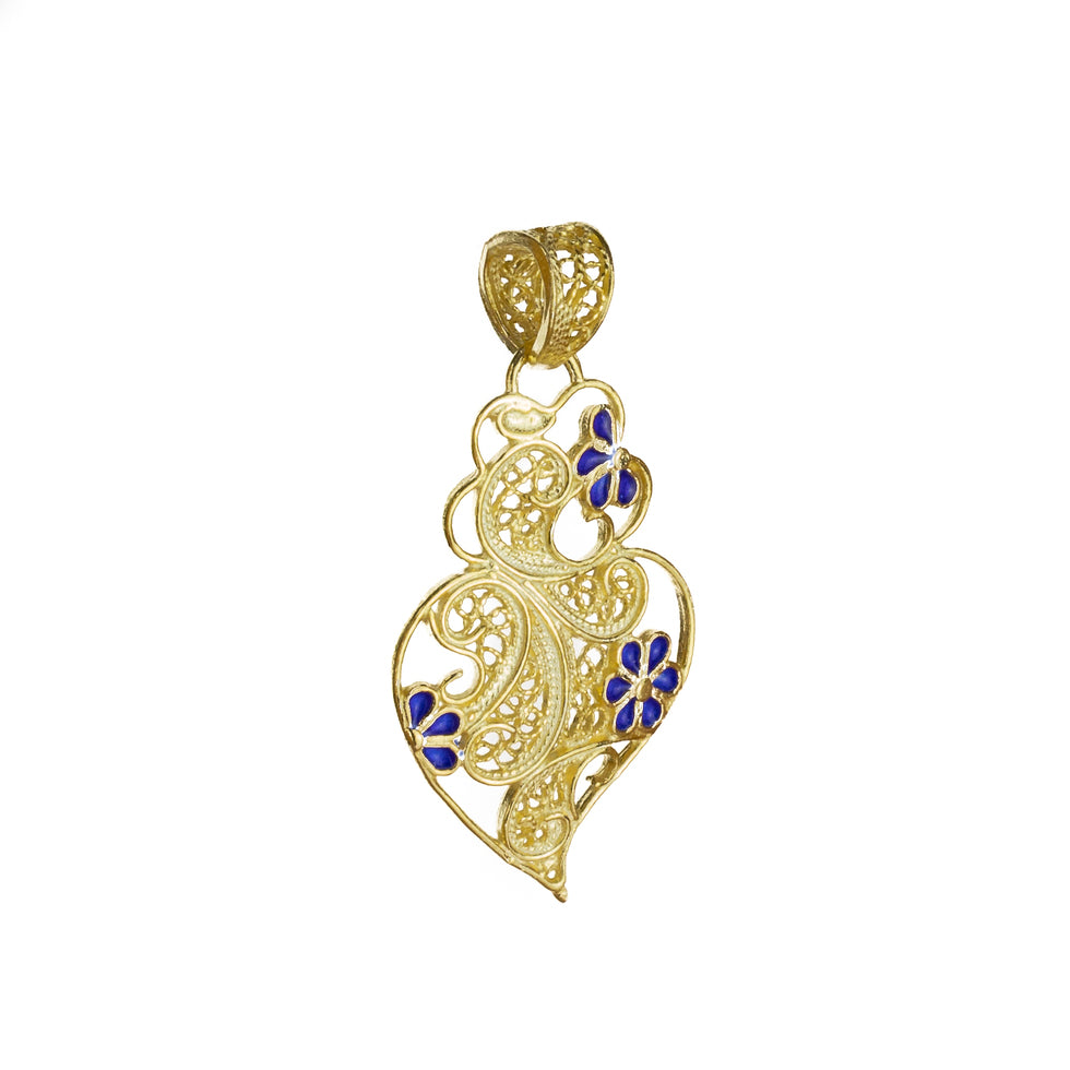 Golden silver filigree Pendant, heart of Viana blue sides, 30mm (1,2in)