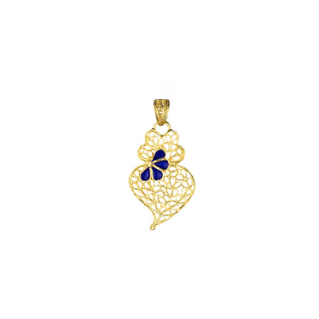 Golden silver filigree Pendant, heart of Viana blue center, 30mm (1,2in)