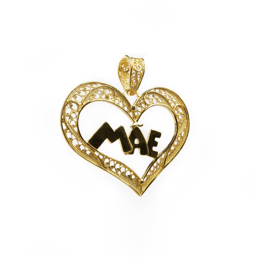 Golden silver filigree pendant heart "Mãe" 40mm (1.6in) -2